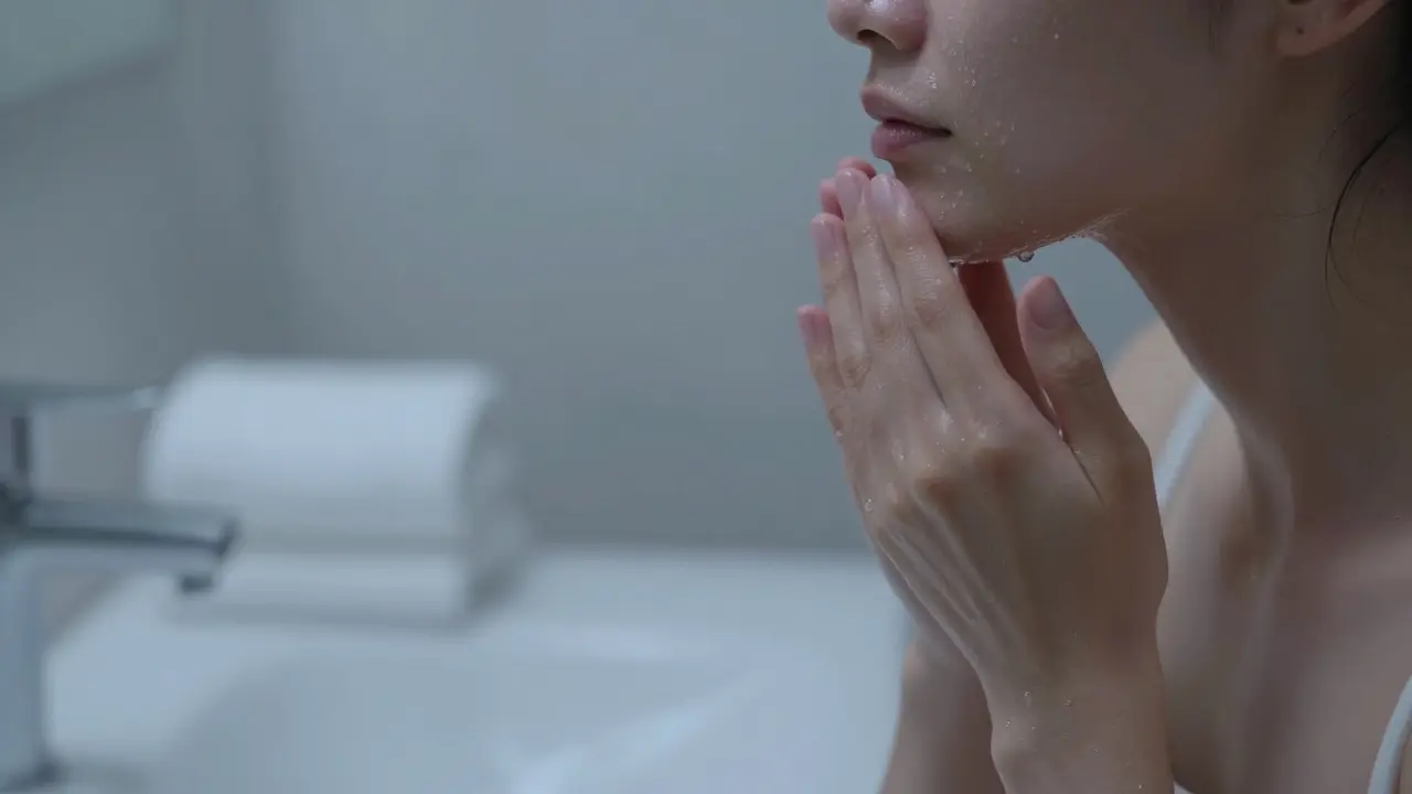 Žena aplikuje sérum na vlhkou pleť v klidné koupelně večer