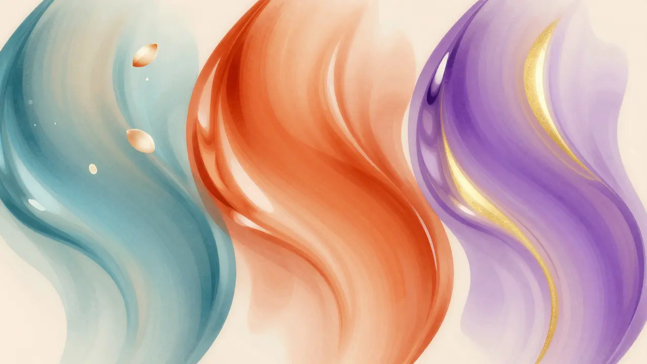Abstract art illustrating three skin types with corresponding oil colors