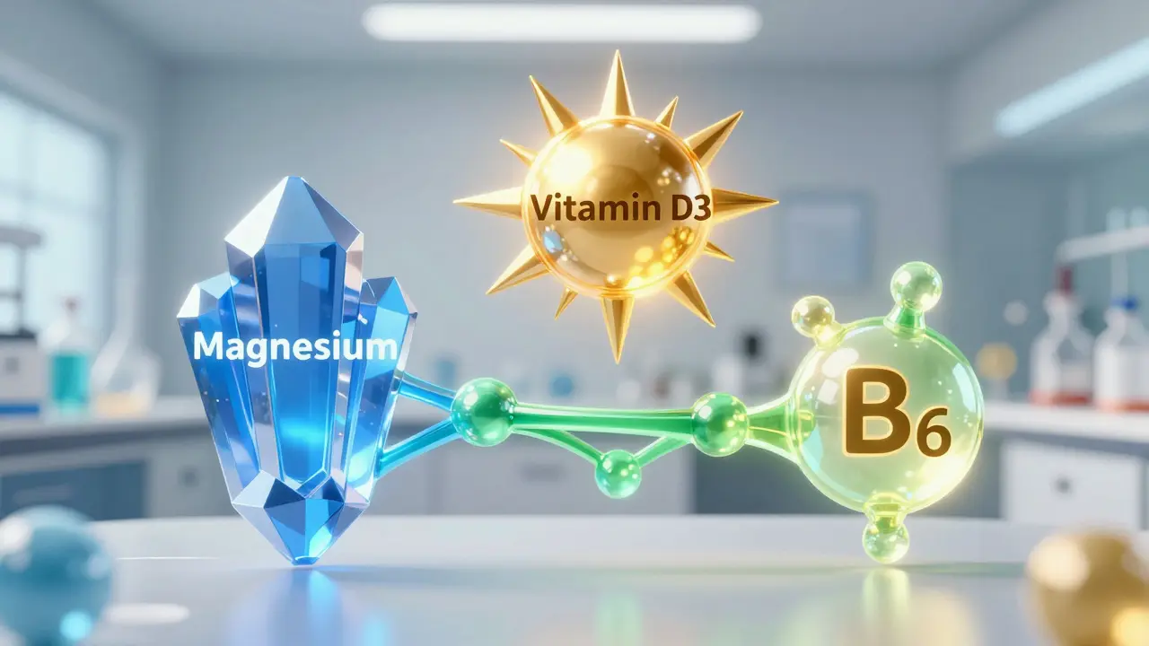 Abstraktní ilustrace synergického působení hořčíku a vitaminů