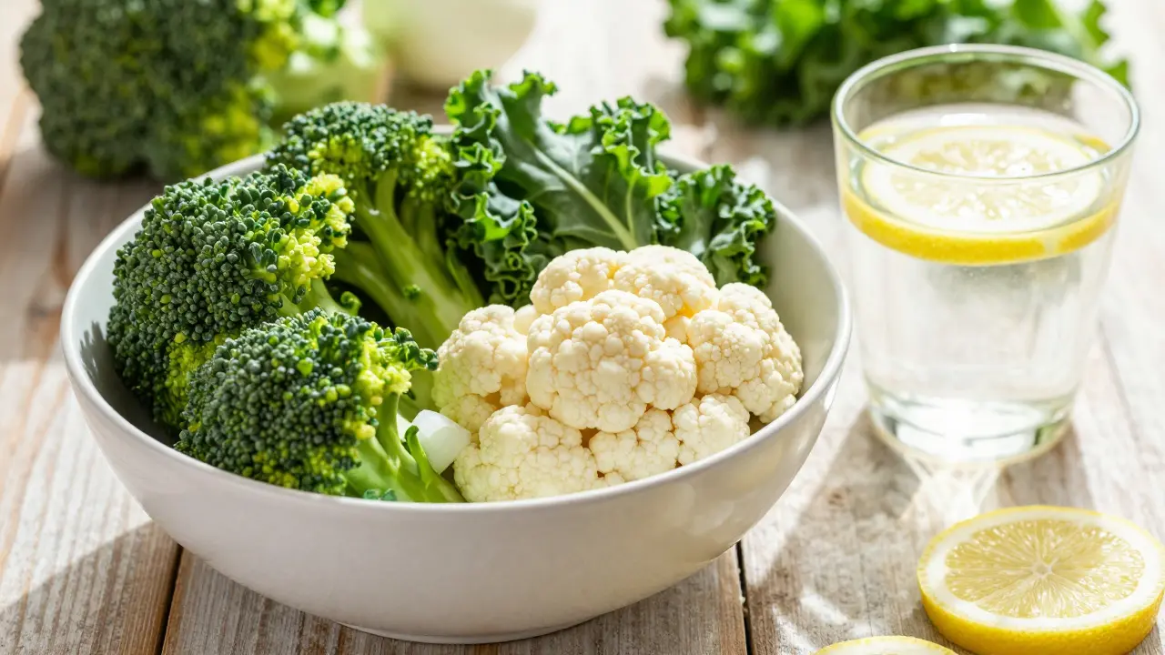 Čerstvá zelenina a citronová voda na slunci pro podporu jater a detoxikace