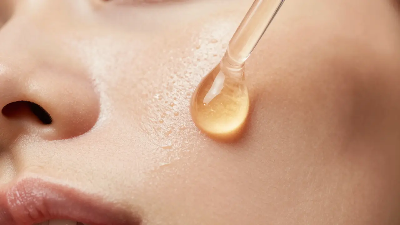 Close-up of a drop of golden oil on hydrated, glowing skin