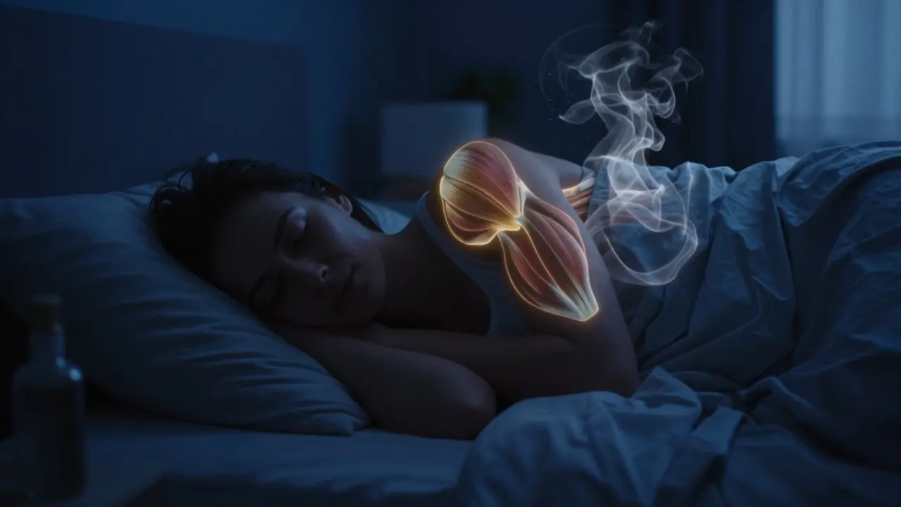 Člověk spící v klidné ložnici s vizualizací nočního metabolismu