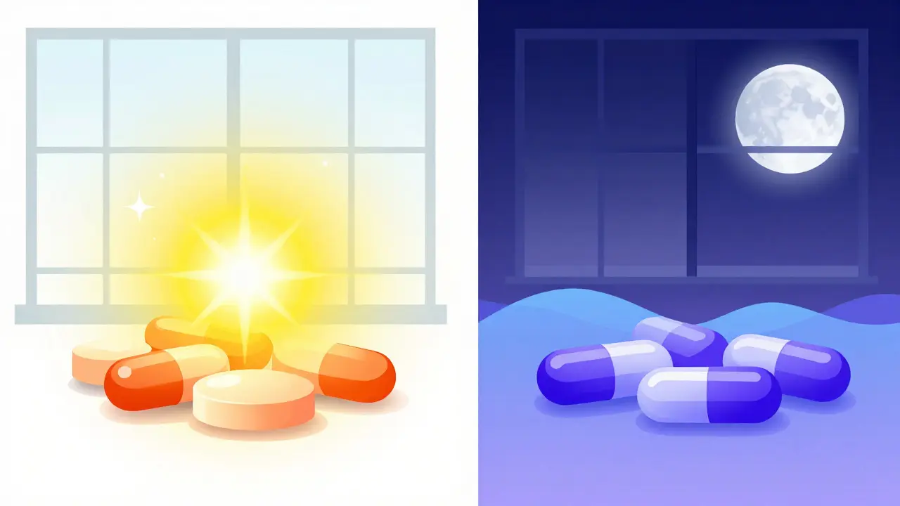 Kontrast mezi ranními vitamíny B a večerním hořčíkem v ilustraci