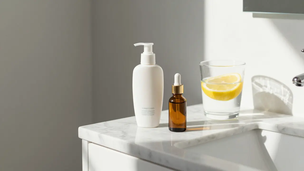 Minimální rutina péče o pleť: SPF, vitamin C a voda na mramoru