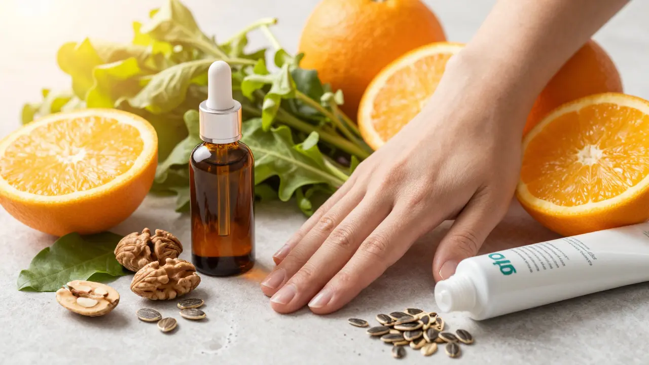 Potraviny bohaté na vitamíny a olej na kutikuly pro zdraví nehtů