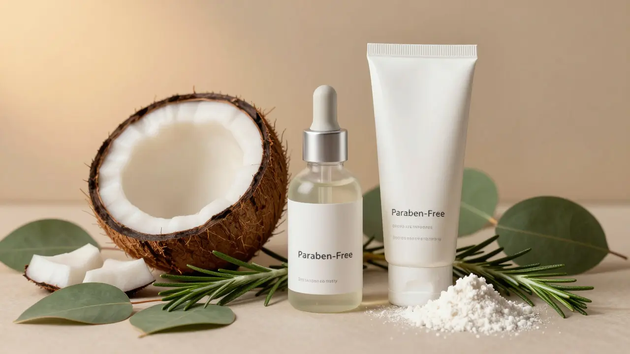 Přírodní ingredience jako kokos a rozmarín vedle balení bez parabenů