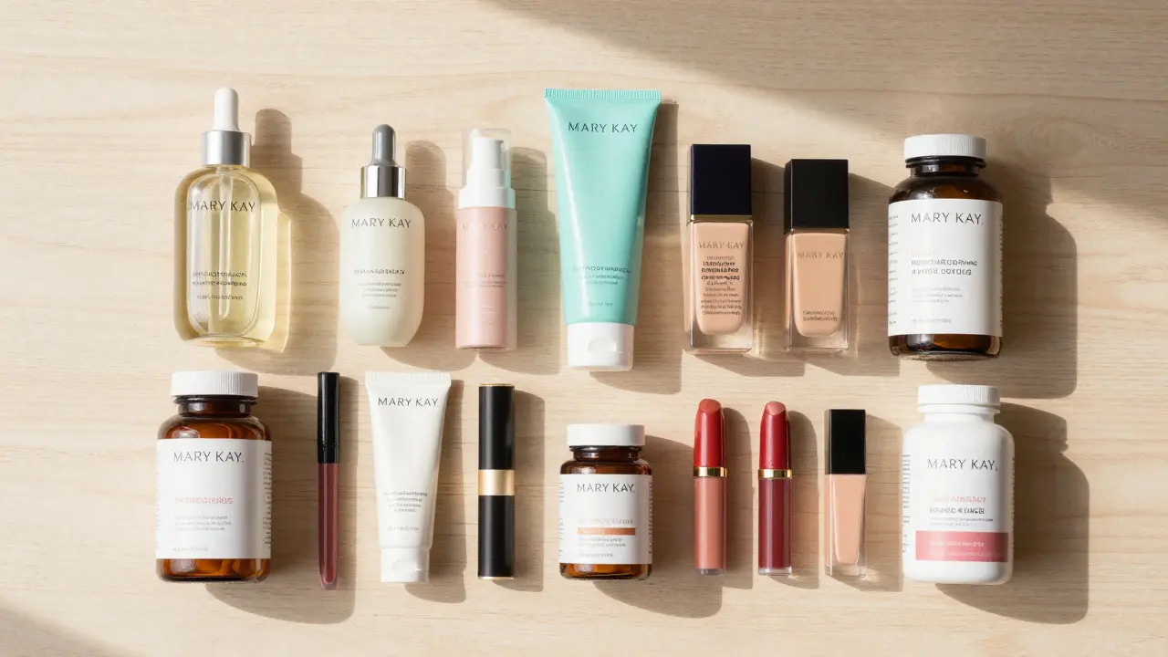 Různé linie produktů Mary Kay uspořádané na dřevěném stole