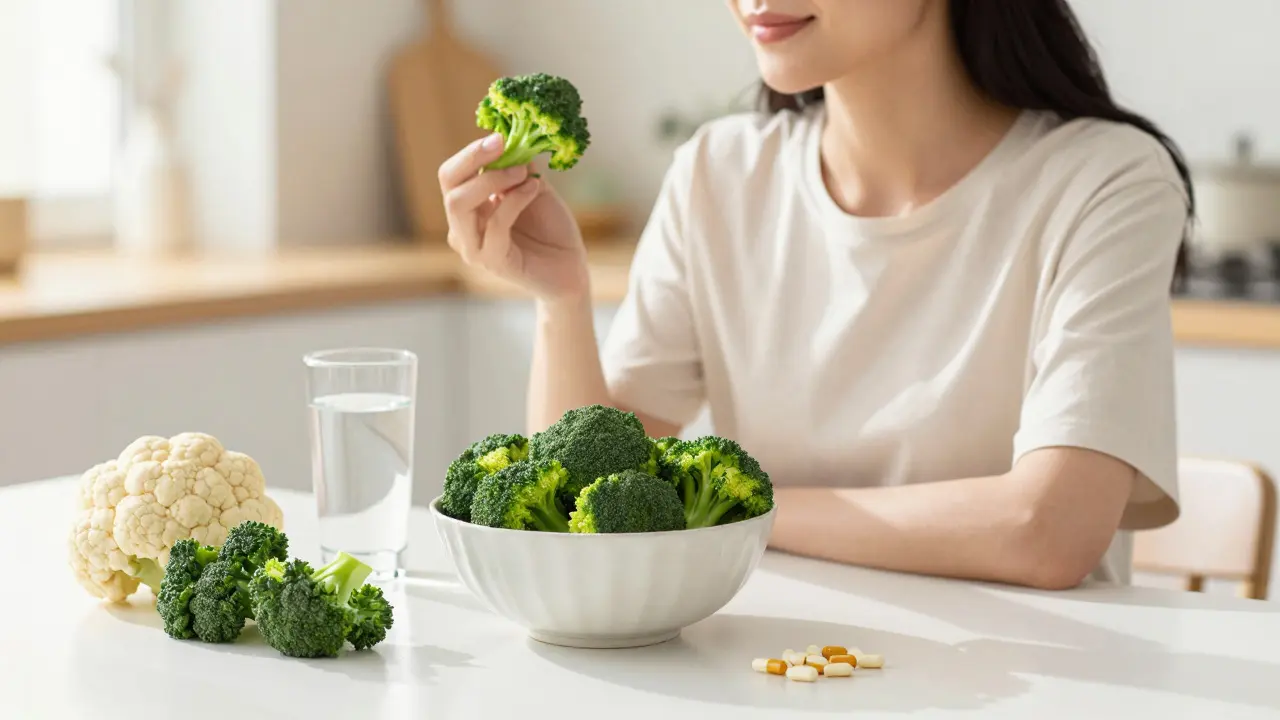 Žena s čerstvou zeleninou a doplňky stravy pro podporu detoxikace