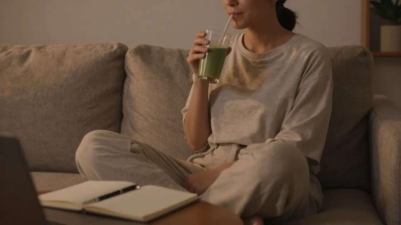 Žena pije smoothie v obýváku, ilustrující pravidelné užívání