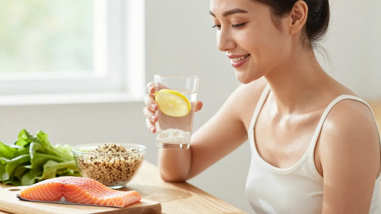Žena s vitamínem C a mořským kolagenem pro zdravou pleť