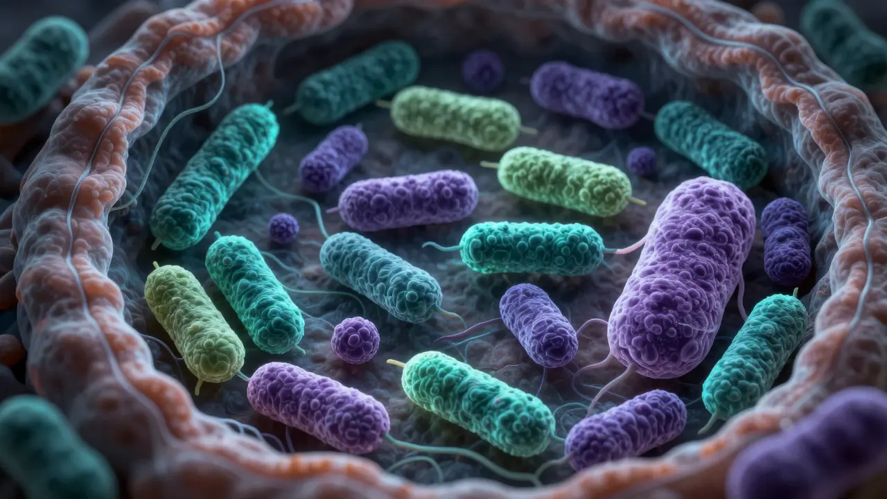 Abstract visualization of diverse gut bacteria in a microscopic environment