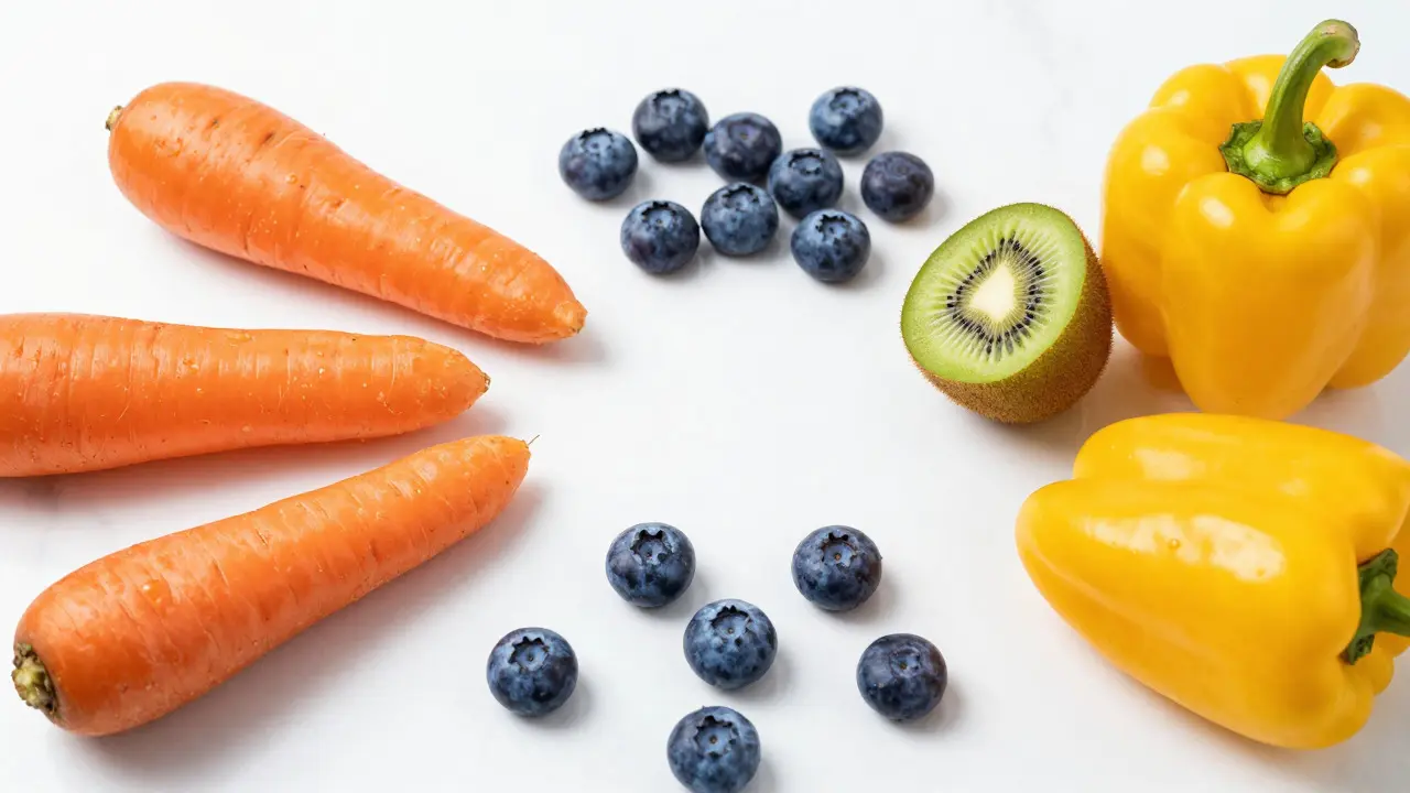 Barevná zelenina a ovoce s antioxidanty na bílém povrchu