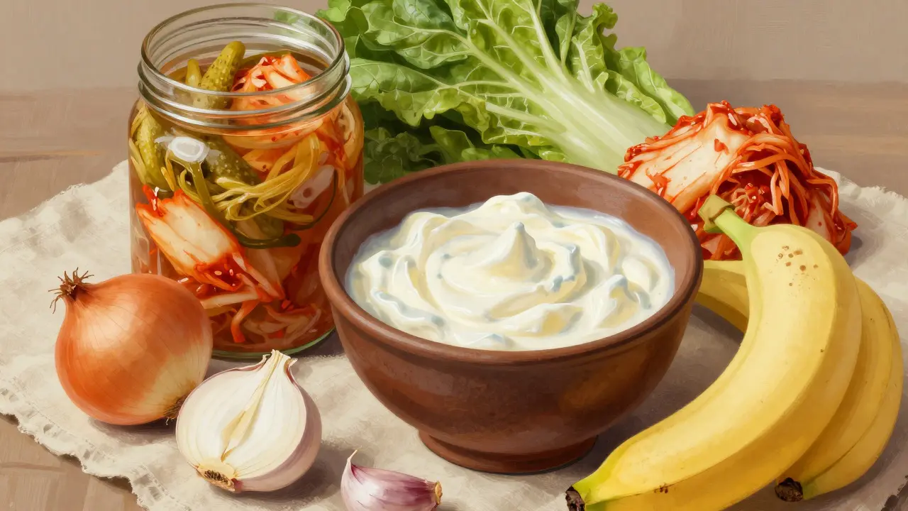Bowl of kefir, sauerkraut, and prebiotic vegetables arranged on a cloth
