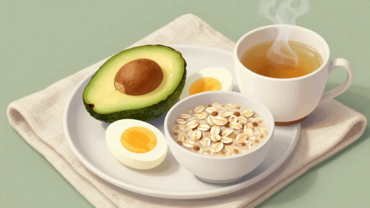 Healthy breakfast with avocado, eggs, and bone broth for detox support