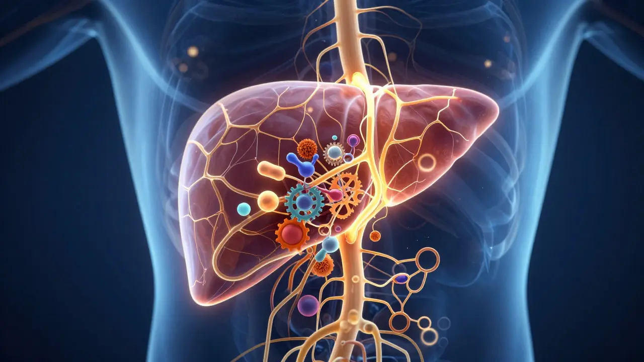 Konceptuální ilustrace metabolismu hormonů v játrech