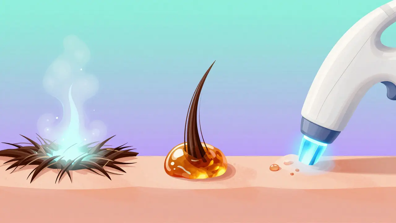 Konceptuální ilustrace metod depilace: krém, vosk a laserová epilace