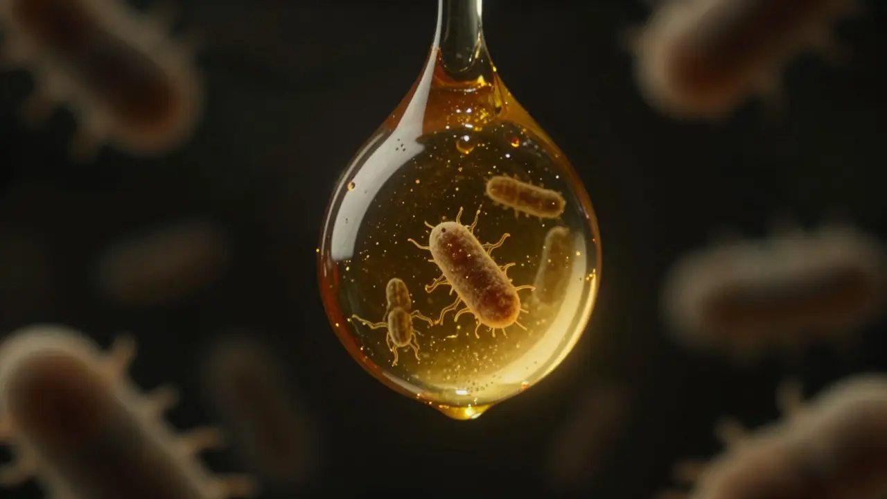 Makro záběr kapky medu symbolizující bakteriální ochranu