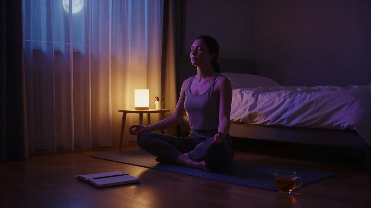 Person meditating in a dark, cozy bedroom to aid sleep and relaxation