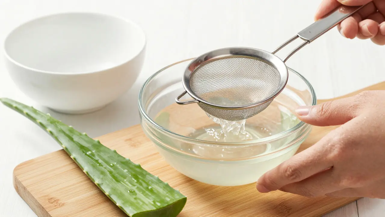 Ruční extrakce průhledného gelu z listu aloe vera pomocí lžičky