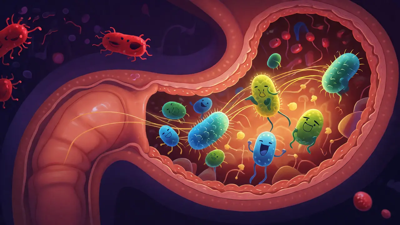 Ilustrace střevního mikrobiomu jako města s dobrými bakteriemi opravujícími škody