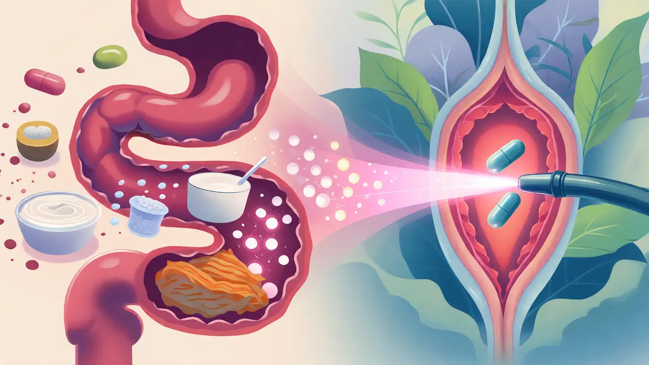 Konceptuální ilustrace cesty probiotik ze střeva do cílové oblasti vaginy