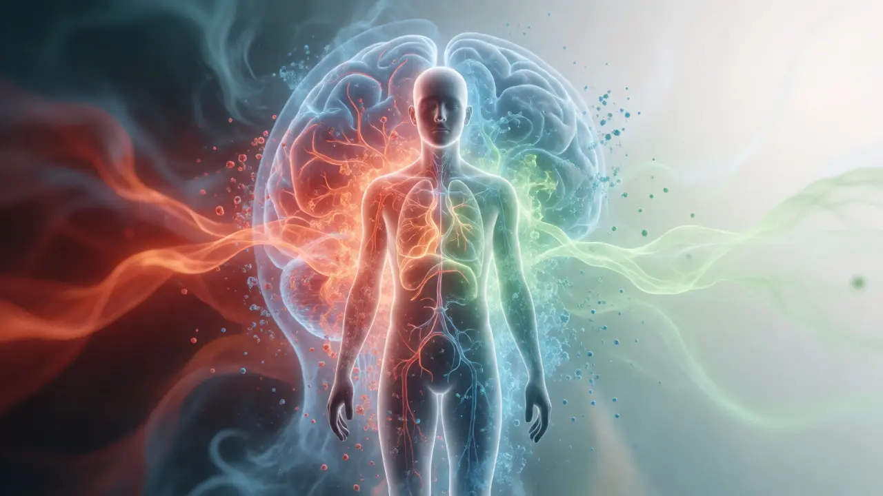 Konceptuální vizualizace rovnováhy neurochemických látek v mozku