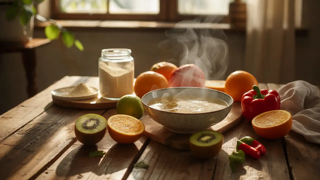 Miska kostního vývaru obklopená čerstvým ovocem bohatým na vitamin C.