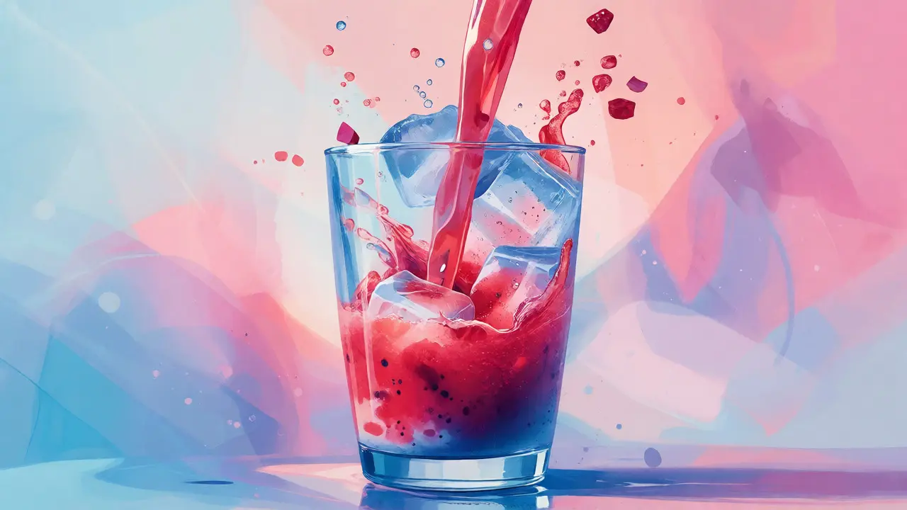 Nalévání chladného ovocného smoothie do sklenice s kousky ovoce.