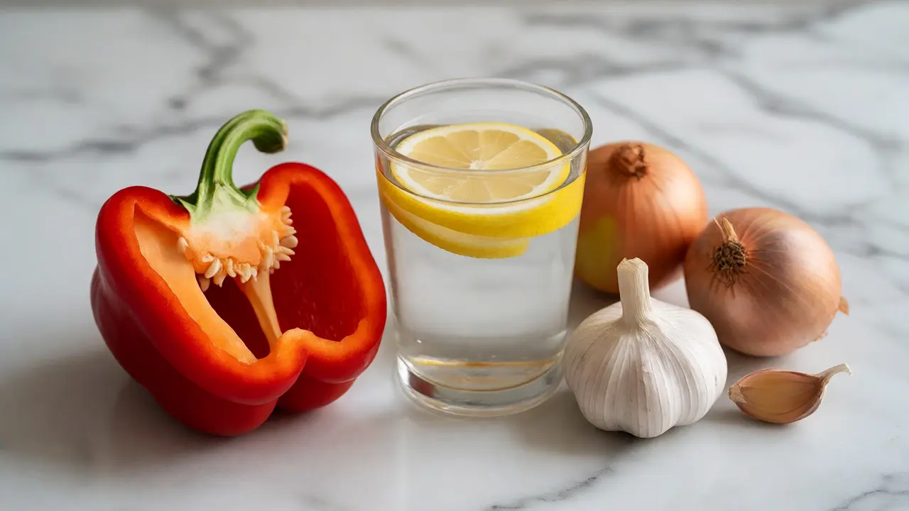 Paprika, citronová voda a česnek na bílém pozadí