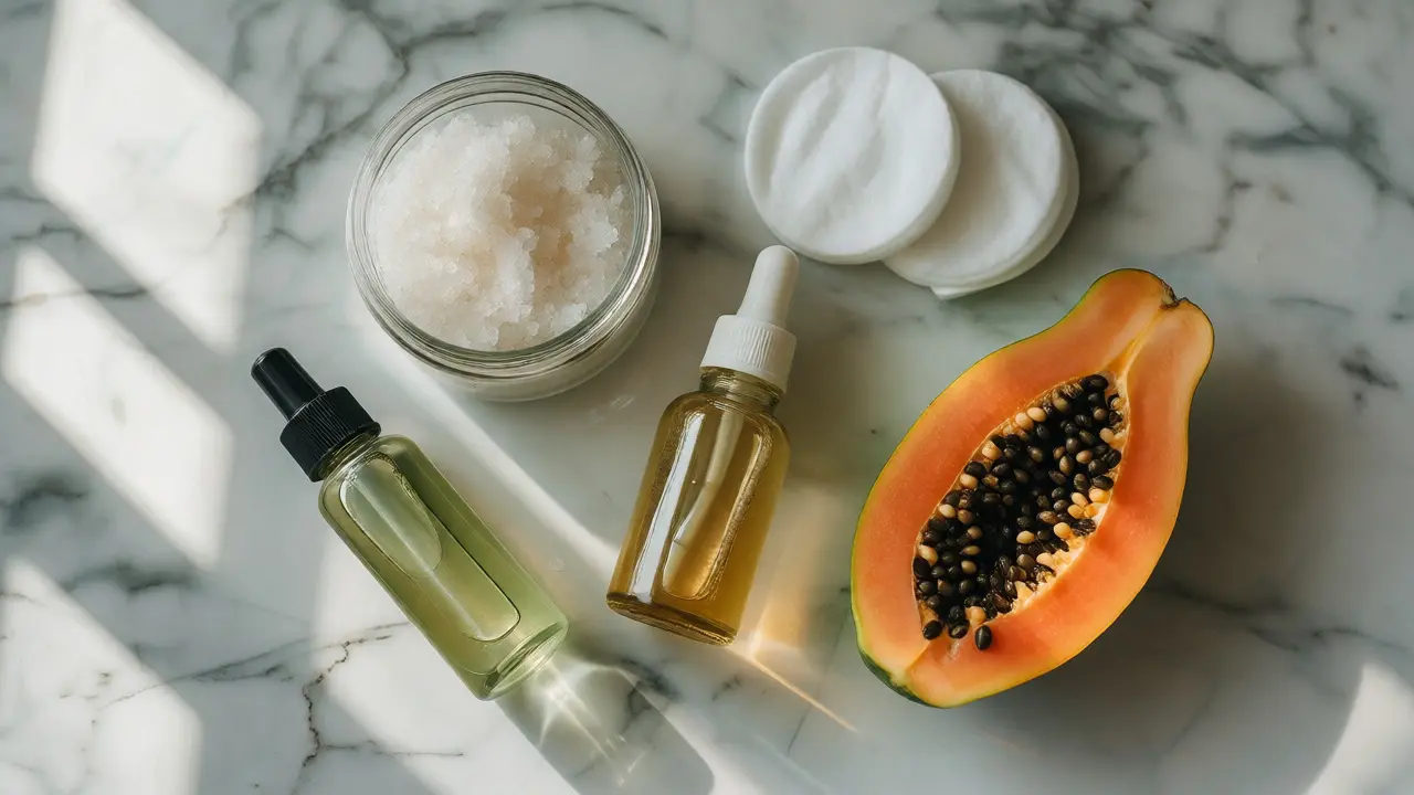 Ploché rozložení produktů pro peeling: scrub, sérum a čerstvé ovoce na mramoru.