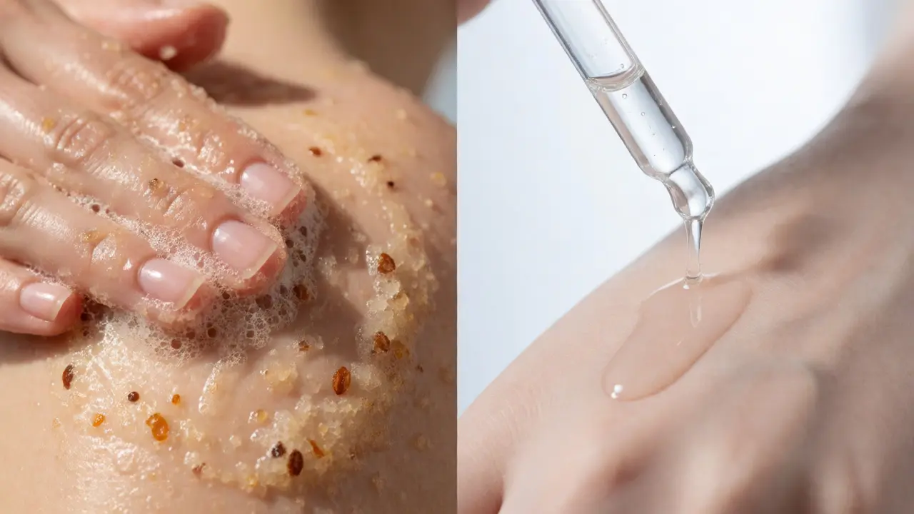 Porovnání mechanického peelingu s granulemi a chemického peelingu kapátkem
