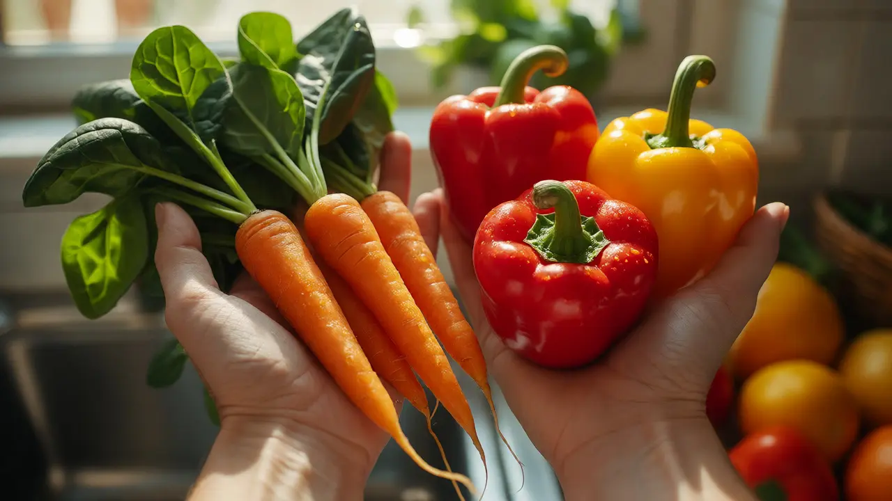 Ruce drží čerstvou zeleninu a ovoce, jako jsou mrkev a papriky, symbolizující zdroj vitamínů.