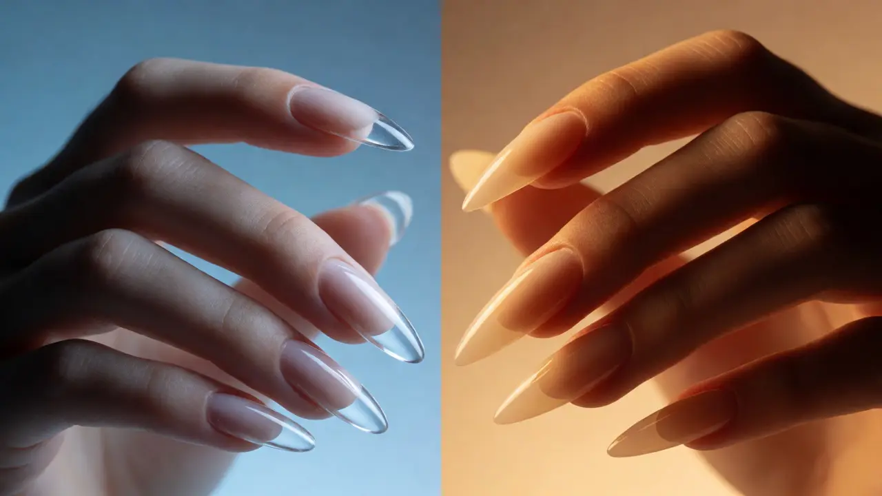 Split view comparing flexible gel and hard acrylic nails