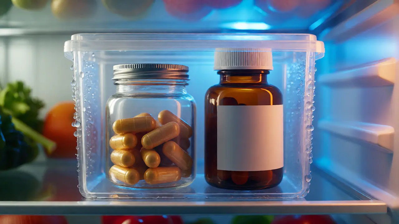 Vitamíny a probiotika v uzavřeném boxu uvnitř lednice
