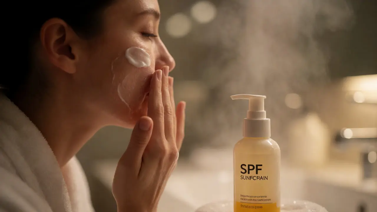 Žena nanáší hydratační krém po peelingu v teplém osvětlení koupelny