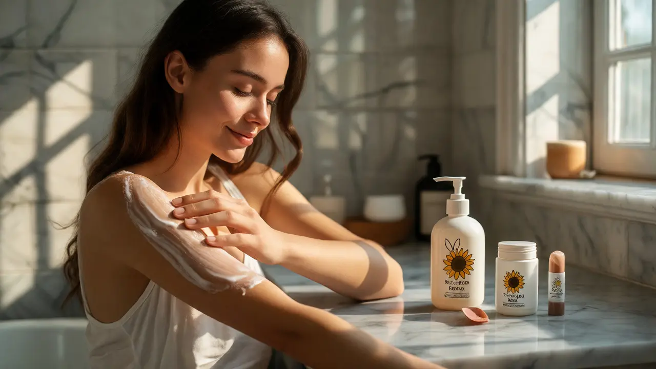 Žena nanáší tělové mléko vedle kolekce certifikované veganské kosmetiky