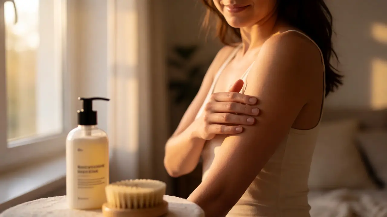 Žena s hladkou pokožkou se dotýká paže v ranním světle, vedě lotion a kartáč.