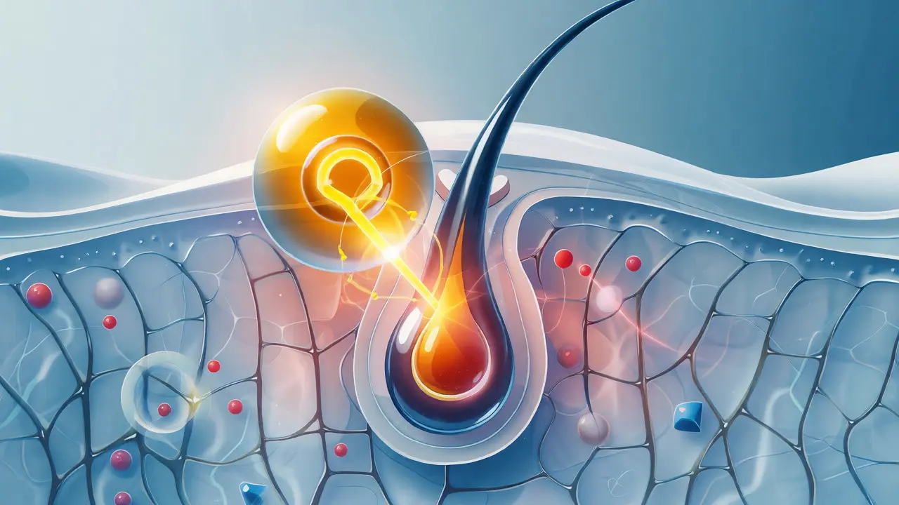 Ilustrace aktivace receptorů vitaminu D ve vlasovém folikulu spouštějící fázi růstu.