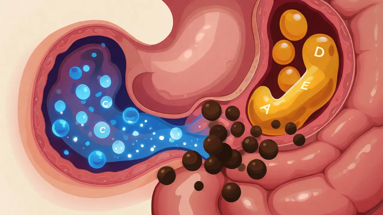 Ilustrace trávení ukazující vstřebávání vitamínů a blokaci železa kofeinem.
