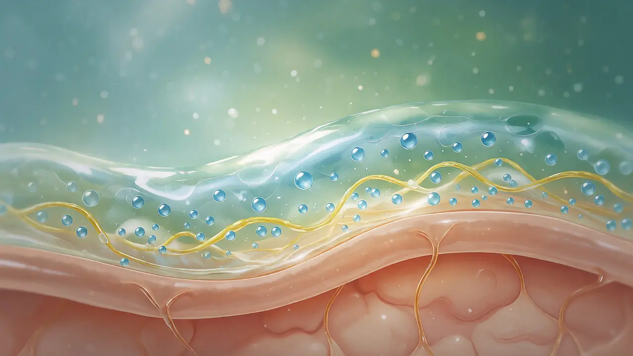 Ilustrace vrstev pokožky s ochranným filmem z aloe gelu zadržujícím vlhkost v buňkách.