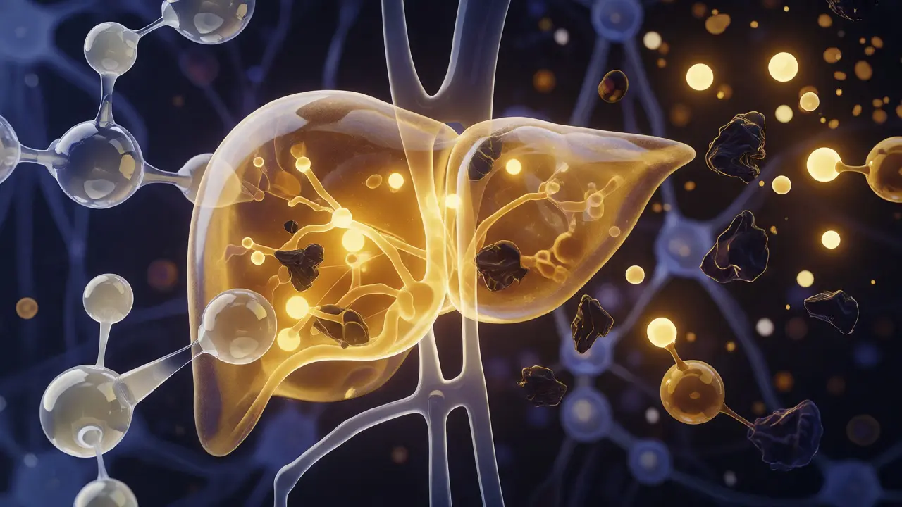 Konceptuální ilustrace jater detoxikujících toxiny pomocí molekul glutathionu
