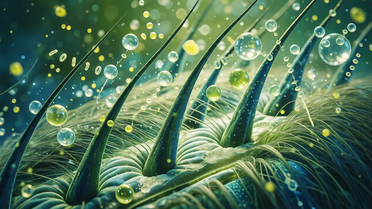 Konceptuální ilustrace zdravých vlasových folikulů a živin