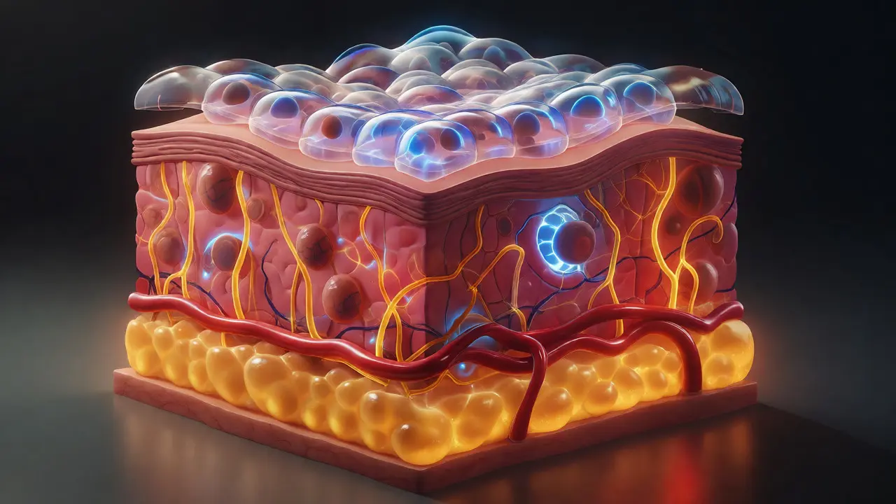 Konceptuální řez vrstvami kůže: epidermis, dermis a hypodermis