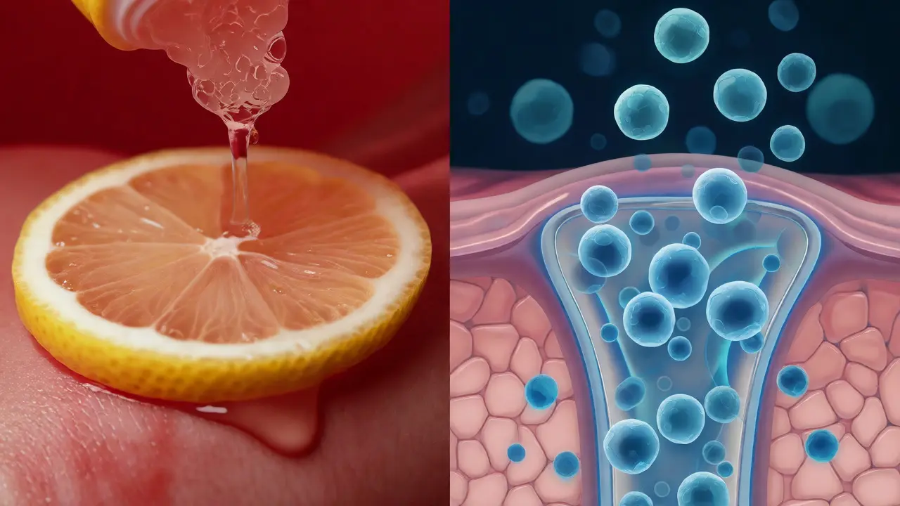 Kontrast mezi agresivní citronovou šťávou a hloubkovým čištěním pórů kyselinou.