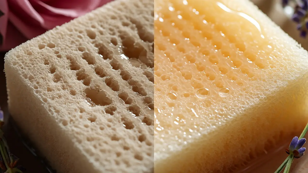 Makro fotografie porovnávající suchou a vlhkou houbu jako metaforu pro vstřebávání péče o pleť.