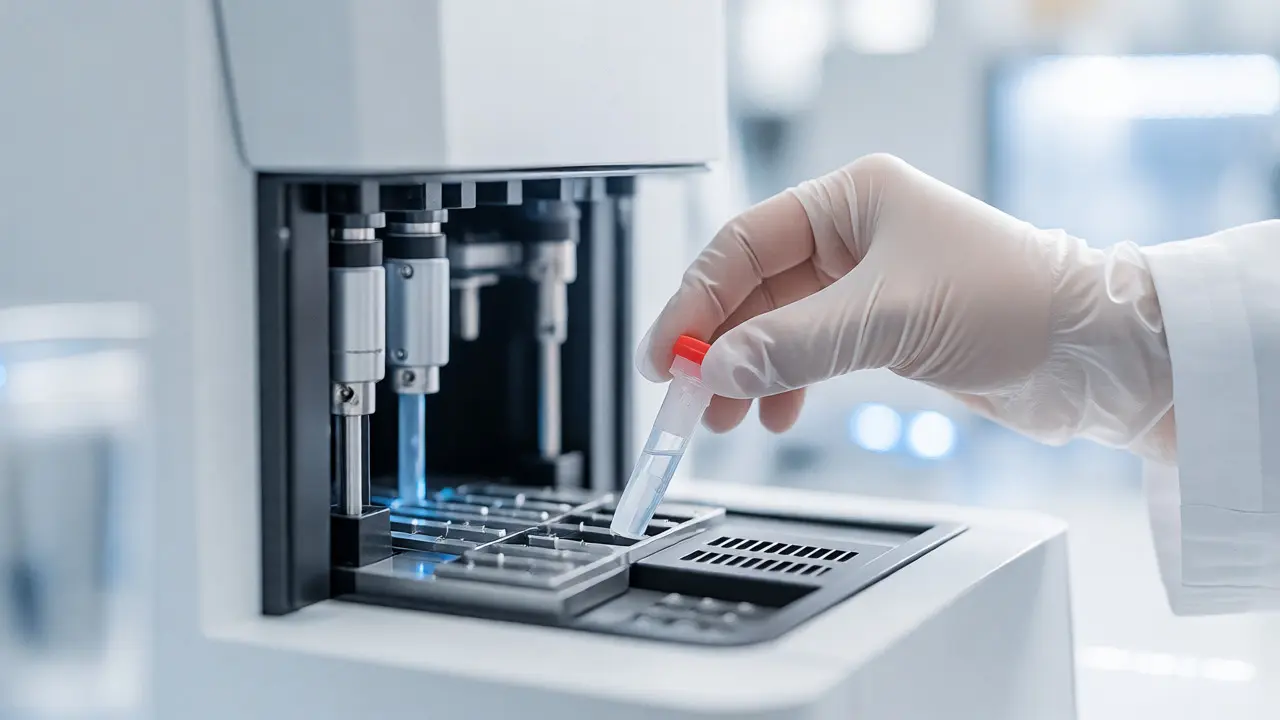 Ruka v rukavici vkládá vzorek do laboratorního přístroje pro analýzu DNA mikrobiomu