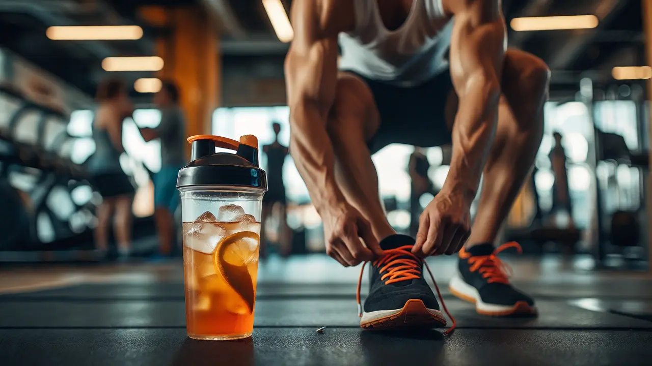 Sportovec se připravuje na trénink s nápojem obsahujícím vitamin C