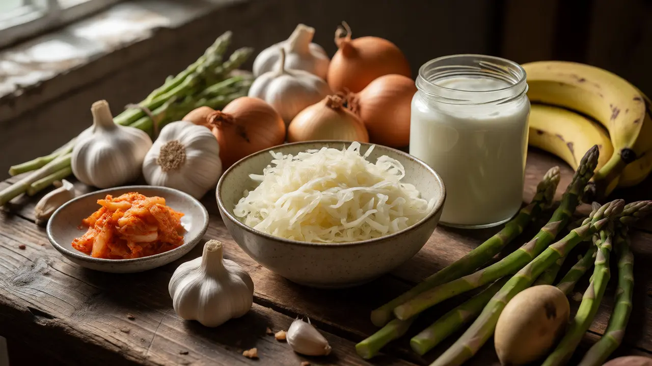 Stůl s fermentovanými potravinami a prebiotiky pro obnovu střevní mikroflóry