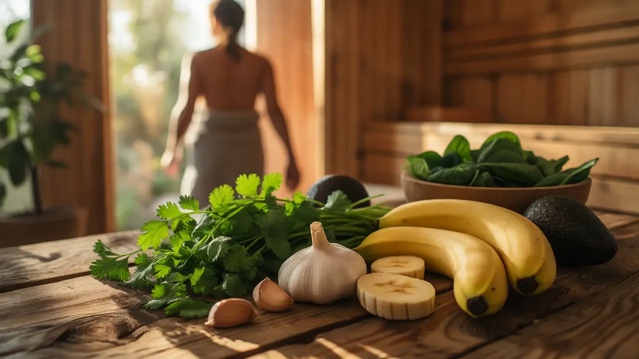 Zdravé potraviny pro detoxikaci a osoba po sauně jako prevence