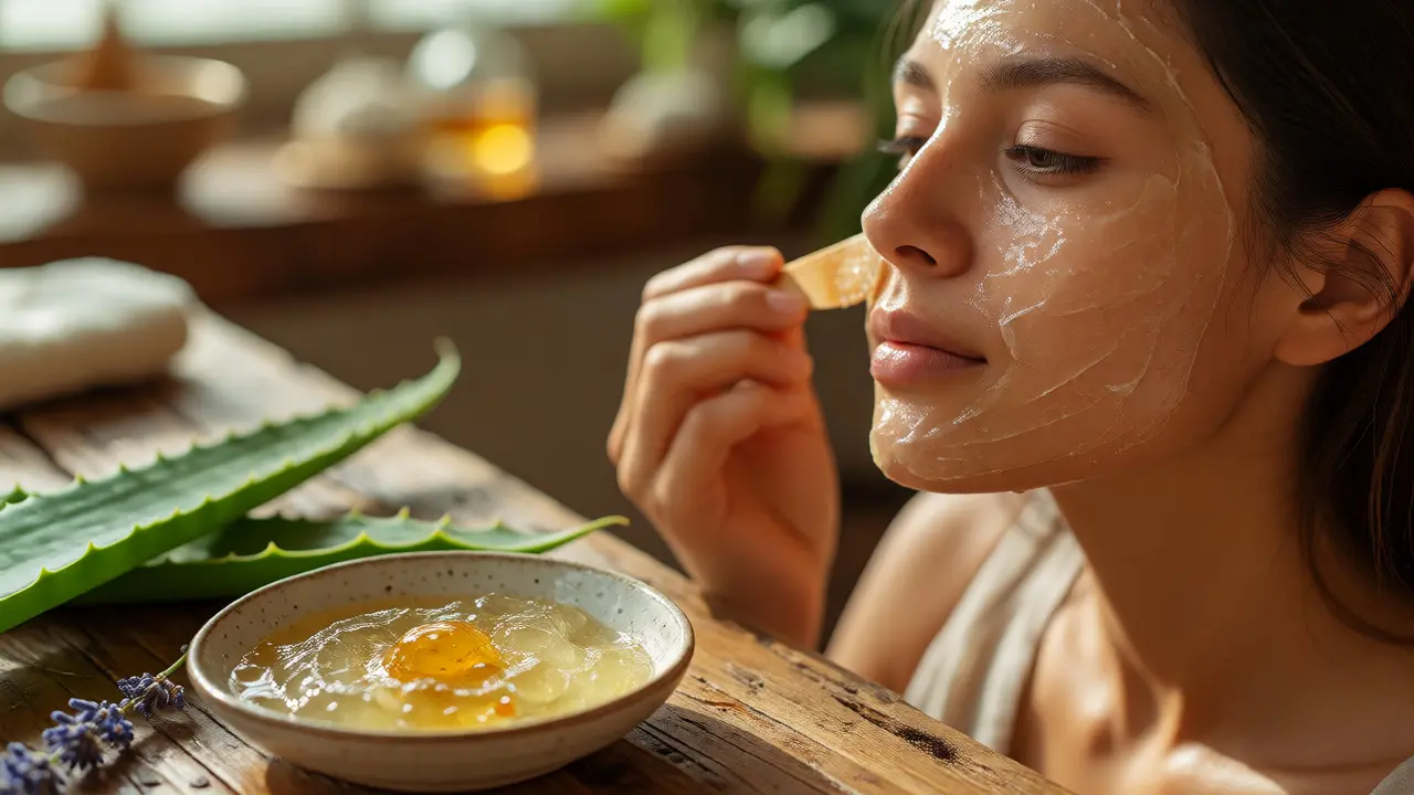 Žena nanáší domácí masku z aloe vera a medu na obličej v příjemném prostředí.